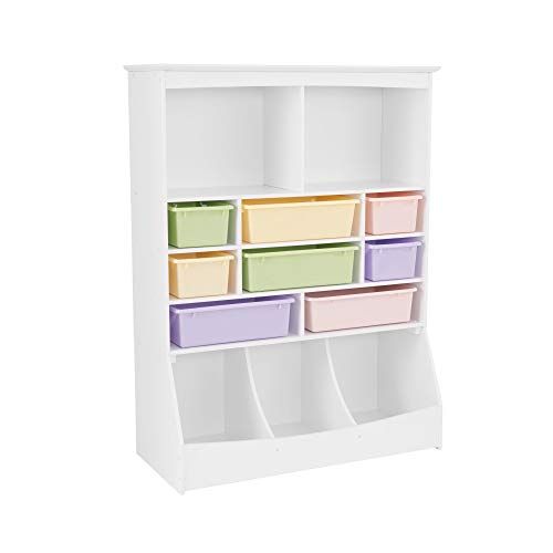 키드크래프트 KidKraft Wooden Wall Storage Unit with 8 Plastic Bins & 13 Compartments - White, 53 x 20 x 8