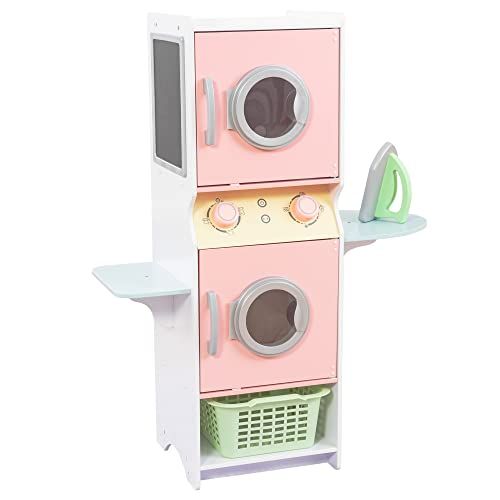 키드크래프트 KidKraft Laundry Playset Childrens Pretend Wooden Stacking Washer and Dryer Toy with Iron and Basket - Pastel