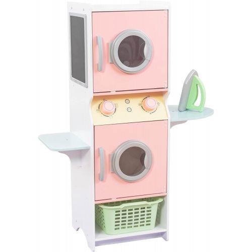 키드크래프트 KidKraft Laundry Playset Childrens Pretend Wooden Stacking Washer and Dryer Toy with Iron and Basket - Pastel