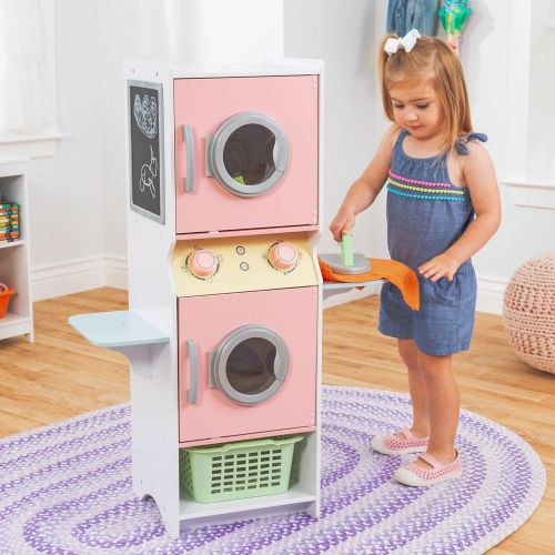 키드크래프트 KidKraft Laundry Playset Childrens Pretend Wooden Stacking Washer and Dryer Toy with Iron and Basket - Pastel