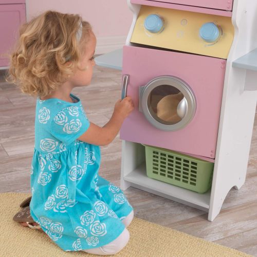 키드크래프트 KidKraft Laundry Playset Childrens Pretend Wooden Stacking Washer and Dryer Toy with Iron and Basket - Pastel