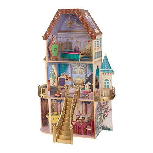 키드크래프트 KidKraft Disney Princess Belle Enchanted Wooden Dollhouse, Almost Four Feet Tall, with Balconies, Staircase and 13 Accessories, Gift for Ages 3+