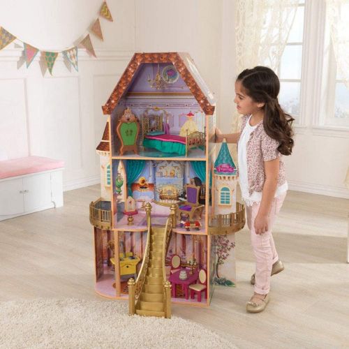 키드크래프트 KidKraft Disney Princess Belle Enchanted Wooden Dollhouse, Almost Four Feet Tall, with Balconies, Staircase and 13 Accessories, Gift for Ages 3+