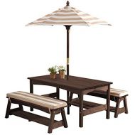 [아마존베스트]KidKraft 00 Outdoor Table and Bench Set with Cushions and Umbrella, Espresso with Oatmeal and White Striped Fabric