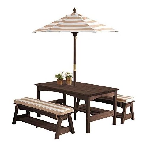 키드크래프트 [아마존베스트]KidKraft 00 Outdoor Table and Bench Set with Cushions and Umbrella, Espresso with Oatmeal and White Striped Fabric