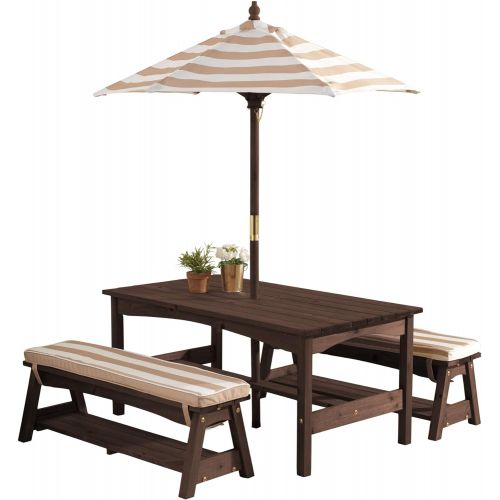 키드크래프트 [아마존베스트]KidKraft 00 Outdoor Table and Bench Set with Cushions and Umbrella, Espresso with Oatmeal and White Striped Fabric