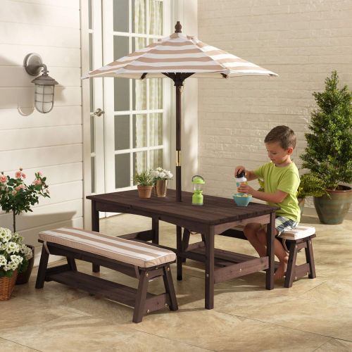 키드크래프트 [아마존베스트]KidKraft 00 Outdoor Table and Bench Set with Cushions and Umbrella, Espresso with Oatmeal and White Striped Fabric