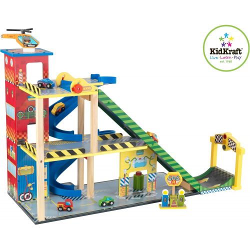 키드크래프트 KidKraft Mega Ramp Racing Set with 5 Vehicles and Moving Elevator, Gift for Ages 3+