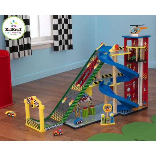 키드크래프트 KidKraft Mega Ramp Racing Set with 5 Vehicles and Moving Elevator, Gift for Ages 3+