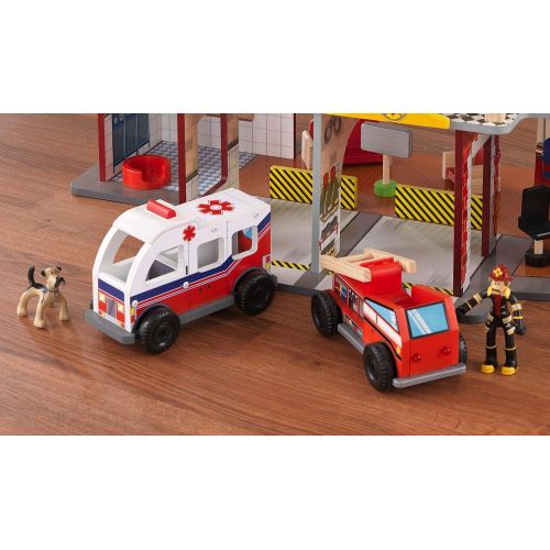 키드크래프트 KidKraft Deluxe Wooden Fire Rescue Play Set with Ambulance, Fire Truck, Helicopter, Firefighters, 27 Pieces, Gift for Ages 3+