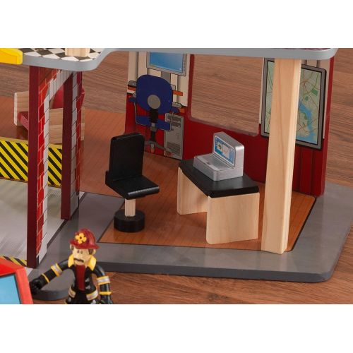 키드크래프트 KidKraft Deluxe Wooden Fire Rescue Play Set with Ambulance, Fire Truck, Helicopter, Firefighters, 27 Pieces, Gift for Ages 3+