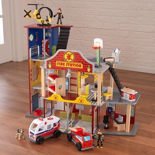 키드크래프트 KidKraft Deluxe Wooden Fire Rescue Play Set with Ambulance, Fire Truck, Helicopter, Firefighters, 27 Pieces, Gift for Ages 3+