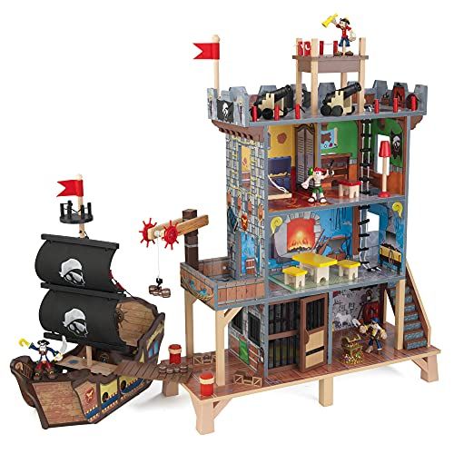 키드크래프트 KidKraft Pirates Cove Wooden Ship Play Set with Lights and Sounds, Pirates and 17-Piece Accessories, Gift for Ages 3+ , Brown