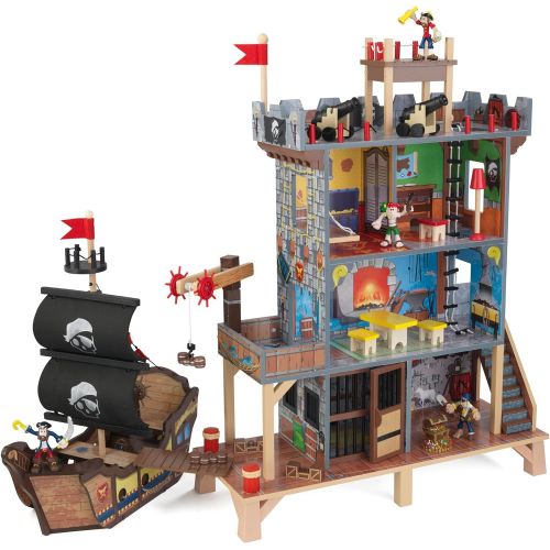 키드크래프트 KidKraft Pirates Cove Wooden Ship Play Set with Lights and Sounds, Pirates and 17-Piece Accessories, Gift for Ages 3+ , Brown