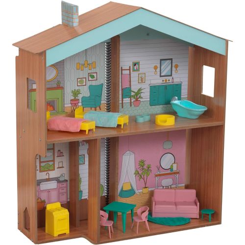 키드크래프트 KidKraft Designed by Me: Color Decor Wooden Dollhouse with Removable Coloring Book, 5 Markers and 15 Accessories, Gift for Ages 3+