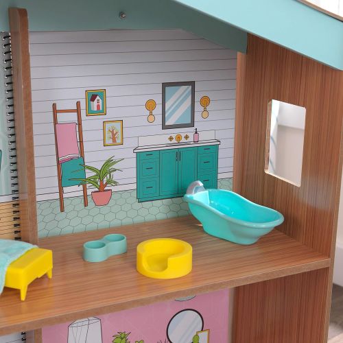 키드크래프트 KidKraft Designed by Me: Color Decor Wooden Dollhouse with Removable Coloring Book, 5 Markers and 15 Accessories, Gift for Ages 3+