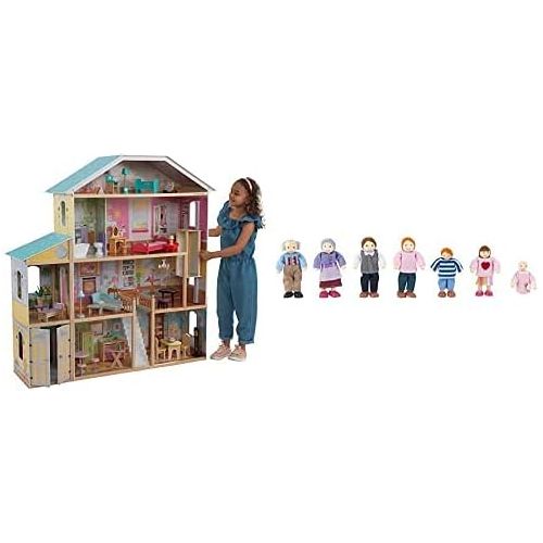 키드크래프트 KidKraft Majestic Mansion Casa De Munecas De Madera, 4 Pisos, para Munecas De 30 cm, Multicolor + Familia De 7 Munecos De Madera, Figuras De Aprox. 12 cm De Alto , Color/Modelo Sur