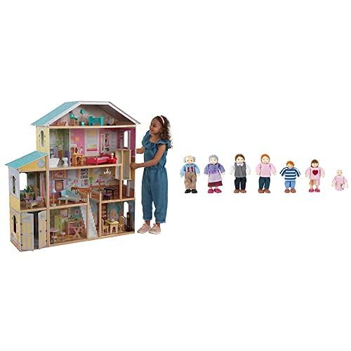 키드크래프트 KidKraft Majestic Mansion Casa De Munecas De Madera, 4 Pisos, para Munecas De 30 cm, Multicolor + Familia De 7 Munecos De Madera, Figuras De Aprox. 12 cm De Alto , Color/Modelo Sur