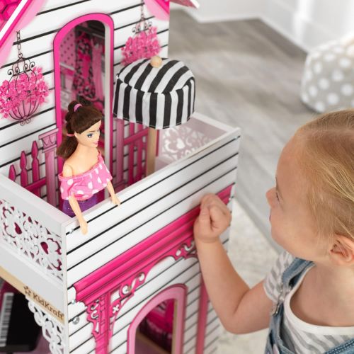 키드크래프트 KidKraft Amelia Wooden Dollhouse with Elevator, Balcony and 15-Piece Accessories, Pink, Gift for Ages 3+