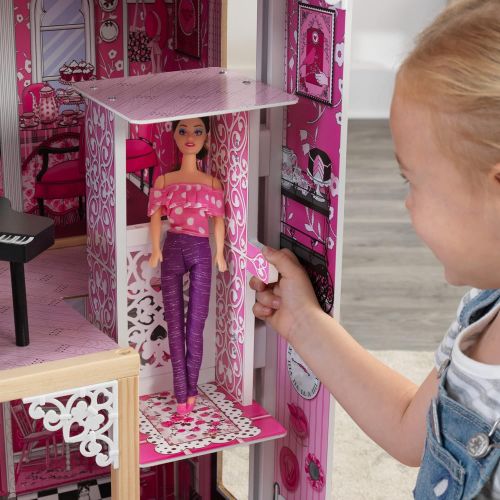 키드크래프트 KidKraft Amelia Wooden Dollhouse with Elevator, Balcony and 15-Piece Accessories, Pink, Gift for Ages 3+