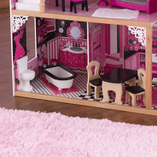 키드크래프트 KidKraft Amelia Wooden Dollhouse with Elevator, Balcony and 15-Piece Accessories, Pink, Gift for Ages 3+