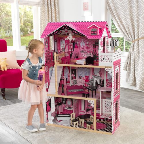 키드크래프트 KidKraft Amelia Wooden Dollhouse with Elevator, Balcony and 15-Piece Accessories, Pink, Gift for Ages 3+