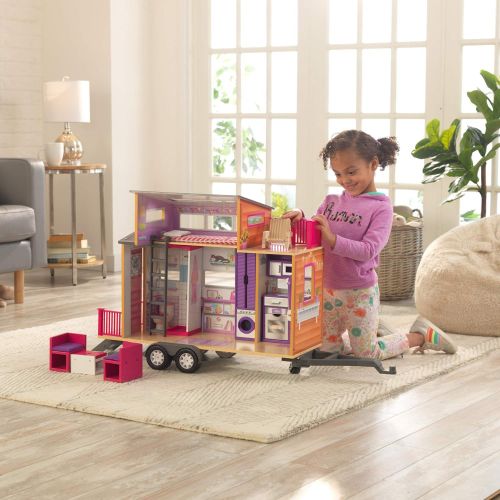 키드크래프트 KidKraft Teeny House Wooden Dollhouse, Pull-Along with 10-Piece Accessories, for 12-Inch Dolls, Gift for Ages 3+