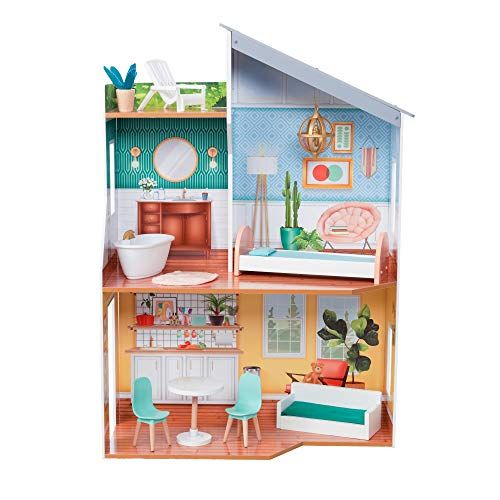 키드크래프트 KidKraft Emily Wooden Dollhouse with 10 Accessories Included, for 12 Dolls, Gift for Ages 3+