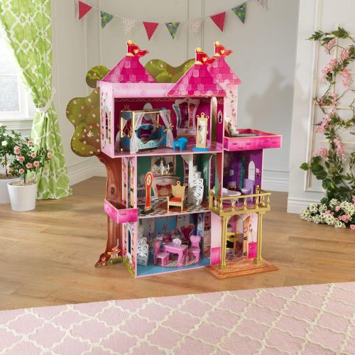 키드크래프트 KidKraft Storybook Mansion Three-Story Wooden Dollhouse for 12-Inch Dolls with 14-Piece Accessories, Gift for Ages 3+