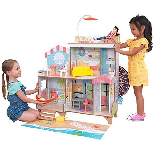 키드크래프트 KidKraft Ferris Wheel Fun Beach House Dollhouse, Two-Sided with 19 Play Accessories and EZ Kraft Assembly, Gift for Ages 3+