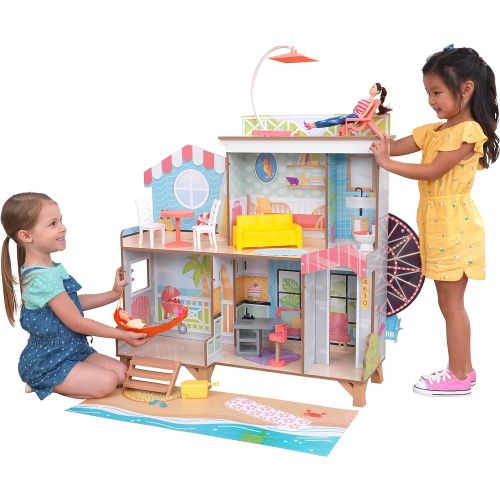 키드크래프트 KidKraft Ferris Wheel Fun Beach House Dollhouse, Two-Sided with 19 Play Accessories and EZ Kraft Assembly, Gift for Ages 3+