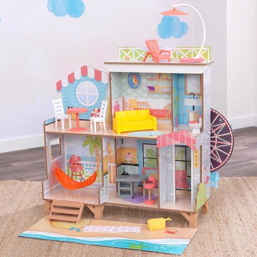 키드크래프트 KidKraft Ferris Wheel Fun Beach House Dollhouse, Two-Sided with 19 Play Accessories and EZ Kraft Assembly, Gift for Ages 3+