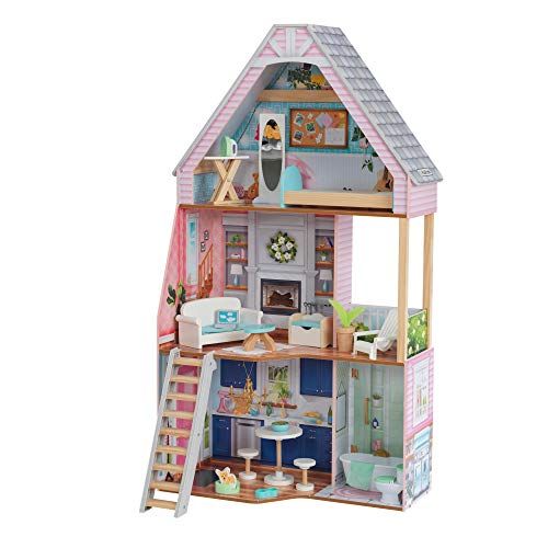 키드크래프트 KidKraft Matilda Wooden Dollhouse with EZ Kraft Assembly, Balcony, Movable Staircase and 23 Accessories, Gift for Ages 3+ , Pink