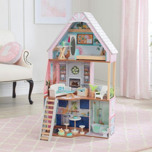 키드크래프트 KidKraft Matilda Wooden Dollhouse with EZ Kraft Assembly, Balcony, Movable Staircase and 23 Accessories, Gift for Ages 3+ , Pink