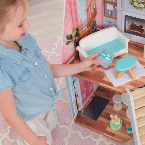 키드크래프트 KidKraft Matilda Wooden Dollhouse with EZ Kraft Assembly, Balcony, Movable Staircase and 23 Accessories, Gift for Ages 3+ , Pink