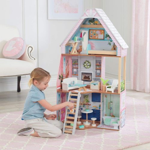 키드크래프트 KidKraft Matilda Wooden Dollhouse with EZ Kraft Assembly, Balcony, Movable Staircase and 23 Accessories, Gift for Ages 3+ , Pink