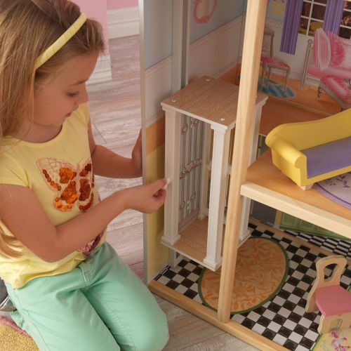 키드크래프트 KidKraft Kaylee Wooden Dollhouse, Almost 4 Feet Tall with Elevator, Stairs and 10 Accessories, Gift for Ages 3+