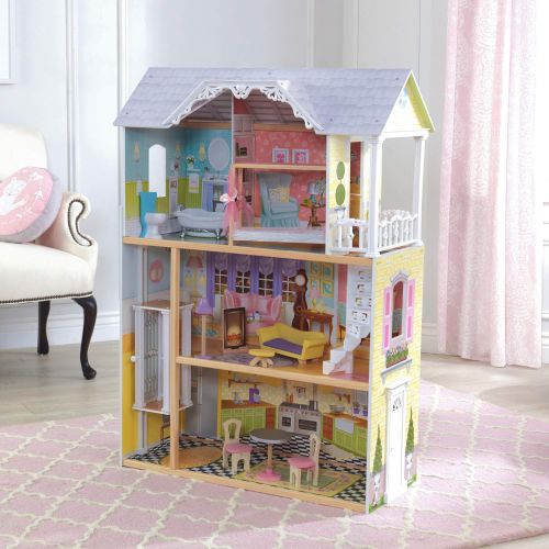 키드크래프트 KidKraft Kaylee Wooden Dollhouse, Almost 4 Feet Tall with Elevator, Stairs and 10 Accessories, Gift for Ages 3+