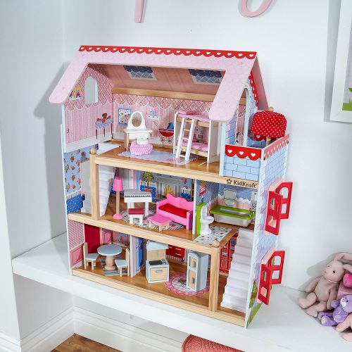 키드크래프트 KidKraft Chelsea Doll Cottage Wooden Dollhouse with 16 Accessories, Working Shutters, for 5-Inch Dolls, Gift for Ages 3+