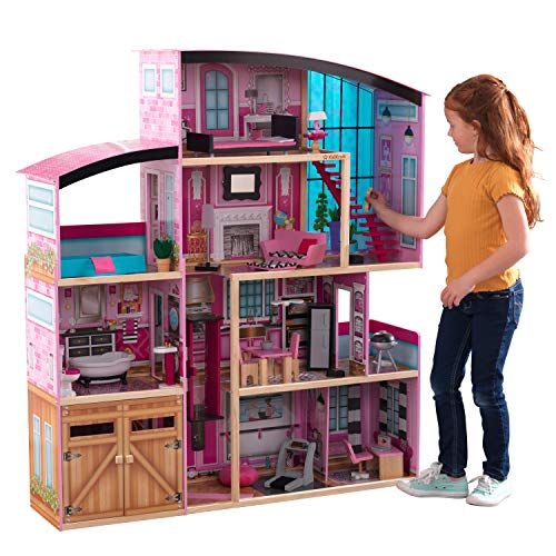 키드크래프트 KidKraft Shimmer Mansion Wooden Dollhouse for 12-Inch Dolls with Lights & Sounds and 30-Piece Accessories, Gift for Ages 3+ , Pink