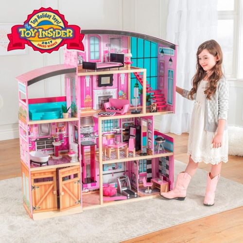 키드크래프트 KidKraft Shimmer Mansion Wooden Dollhouse for 12-Inch Dolls with Lights & Sounds and 30-Piece Accessories, Gift for Ages 3+ , Pink