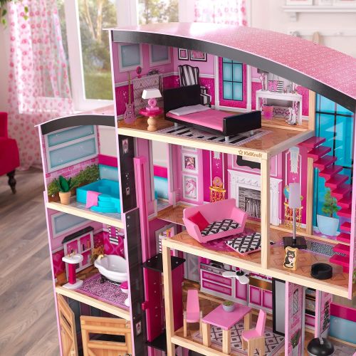 키드크래프트 KidKraft Shimmer Mansion Wooden Dollhouse for 12-Inch Dolls with Lights & Sounds and 30-Piece Accessories, Gift for Ages 3+ , Pink