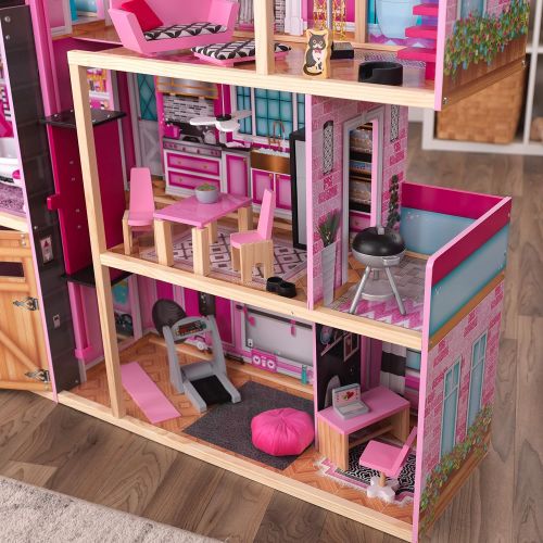 키드크래프트 KidKraft Shimmer Mansion Wooden Dollhouse for 12-Inch Dolls with Lights & Sounds and 30-Piece Accessories, Gift for Ages 3+ , Pink