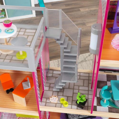 키드크래프트 KidKraft Uptown Wooden Modern Dollhouse with Lights & Sounds, Pool and 36 Accessories, Gift for Ages 3+ 49.25 x 25.25 x 46.25