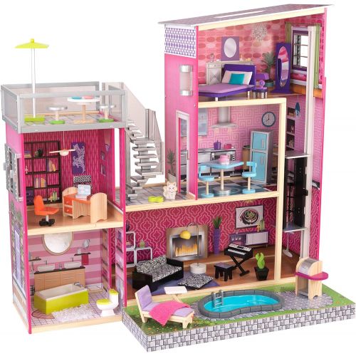 키드크래프트 KidKraft Uptown Wooden Modern Dollhouse with Lights & Sounds, Pool and 36 Accessories, Gift for Ages 3+ 49.25 x 25.25 x 46.25