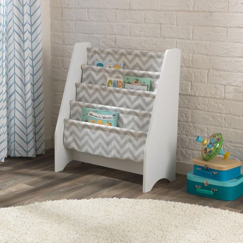 키드크래프트 KidKraft Wooden Sling Bookcase - Gray & White- Sturdy Canvas Fabric, Chevron Pattern, Kids Bookshelf, Young Reader Support