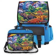 Kidaroo High Quality Backpack & Lunchbox for Boys, Girls, Kids With Dinosaur Jungle Interchangeable Flaps (Blue)