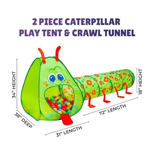  Kiddey Caterpillar Kids Play Tunnel and Tent | 2 Pc. Crawl Through Baby Ball Pit Pop up for Toddler, and Babies, Indoor & Outdoor Jungle Gym Party Gift | Crawling Tunnels & Tents for Toddlers