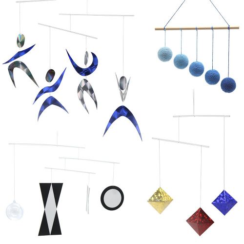  Kiddison Four Classic Montessori Visual Mobiles, Munari, Octahedron, Gobbi, Dancers, Optional Gobbi Colors, Blue, Green, Pink (4 Mobiles with Blue Gobbi)