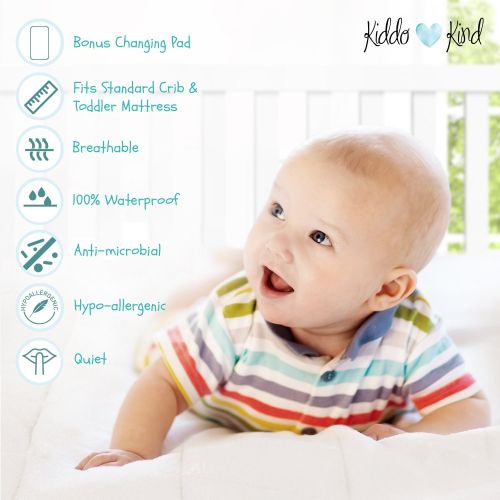  Kiddo Kind 2 Pack Crib Mattress Protector - with Bonus Changing Pad Liner - 100% Waterproof Mattress Cover Fits Toddler Bed & Crib